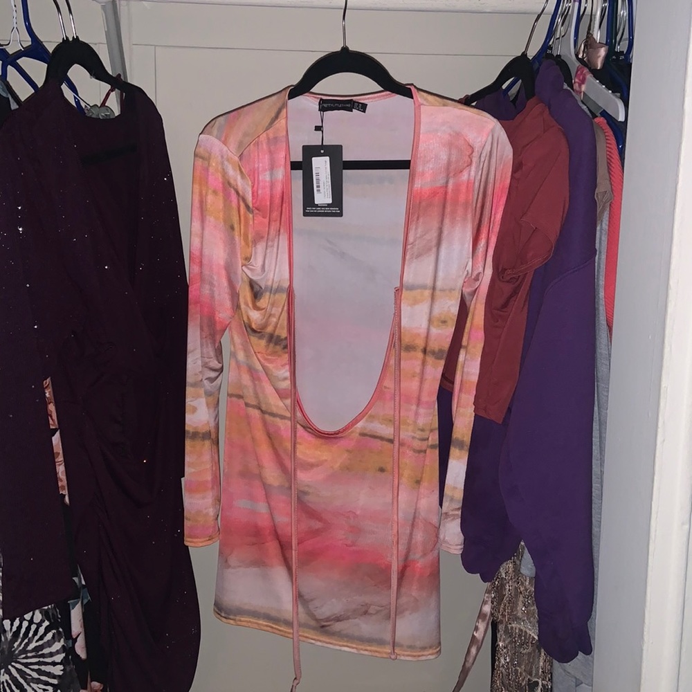 Pretty Little Thing Shape Pink Tie Dye Slinky Cut Out Plunge Bodycon Dress US12